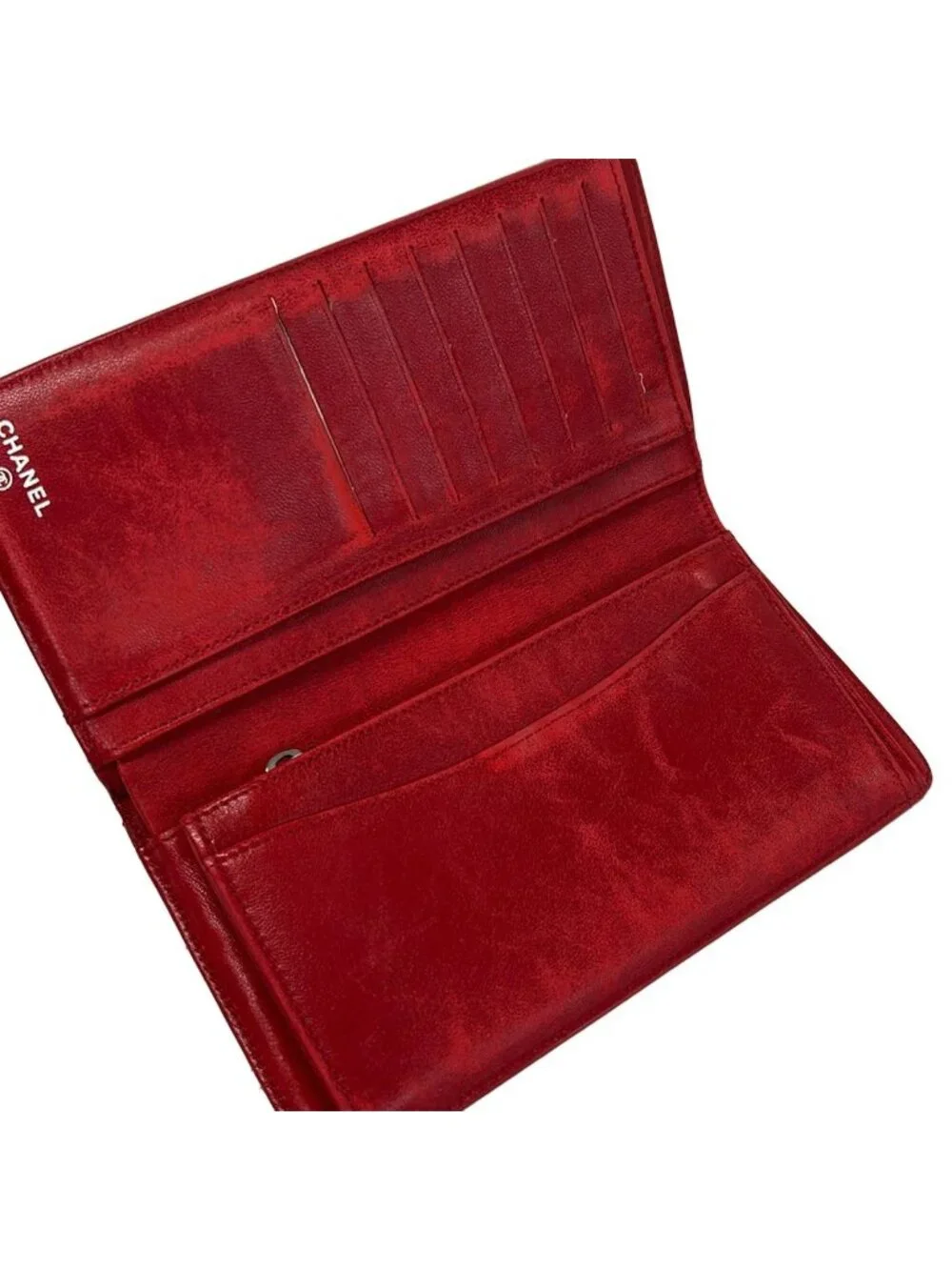 Chanel Wallet Quilted Red Silver Bifold Lambskin